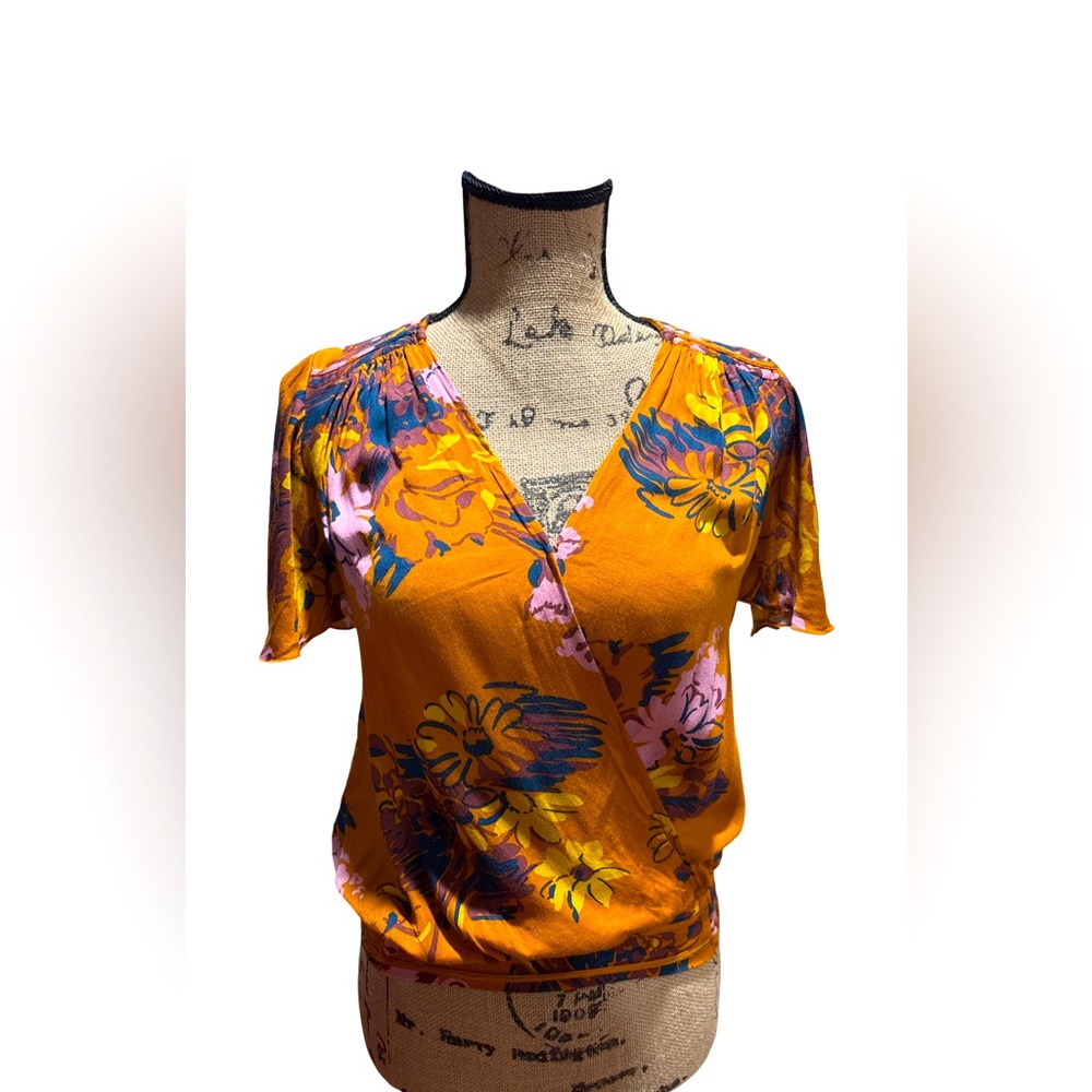 Anthropologie Tiny Venus Knit Wrap Top Floral Orange - Picture 4 of 7